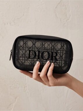 Dior Black Mesh Logo Pouch with Dior Cannage Pattern